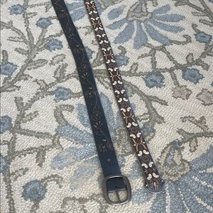 2 Floral Belts, XS/S Fossil (black) and Lucky Brand (with orange detail).